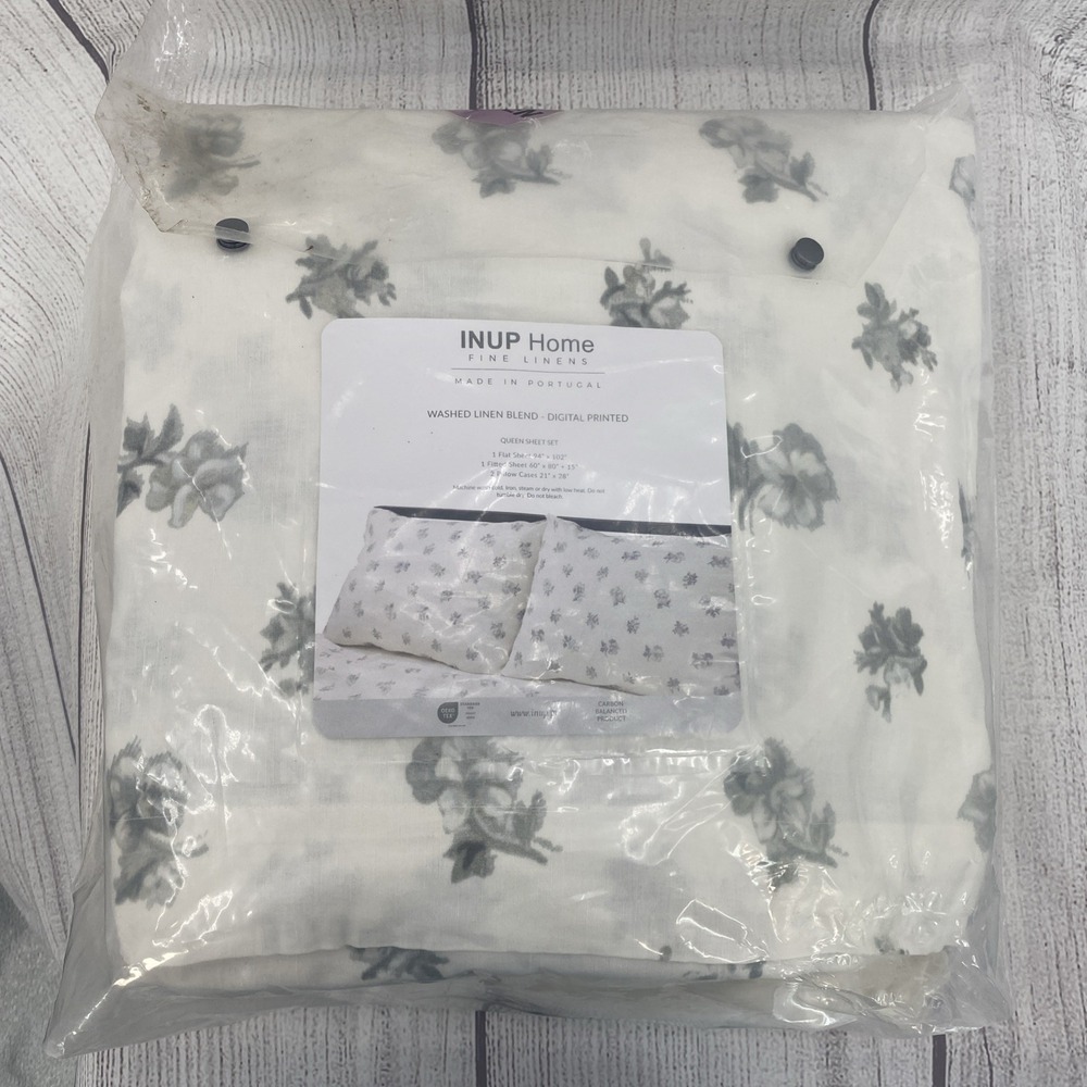INUP Home Sheet Set QUEEN White Gray Floral Washed Linen Blend Natural Crisp